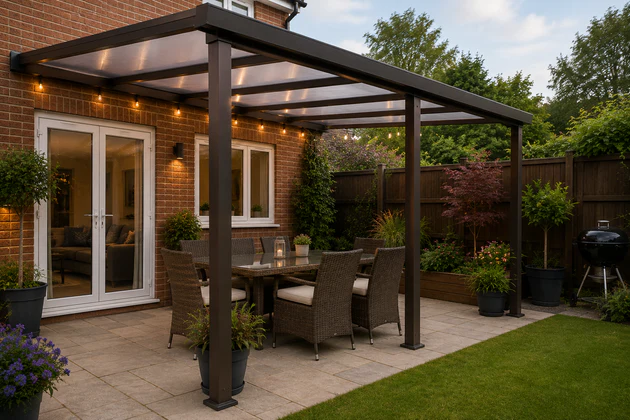 Overkapping met polycarbonaat kanaalplaten boven een terras
